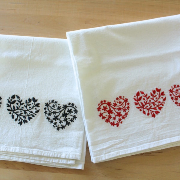 Embroidered Kitchen Towel - Scandinavian Heart Towel - Red or Black Hearts - Tea Towel - Flour Sack Towel