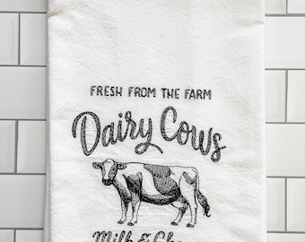 Embroidered Kitchen Towel - Dairy Cows - Milk and Cheese - Dish Towels - Kitchen Towels - Tea Towel