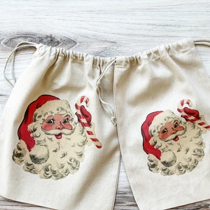 Vintage Inspired Santa Gift Bag - Organic Cotton Christmas Wrapping - Reusable Gift Bag - Holiday Celebrations