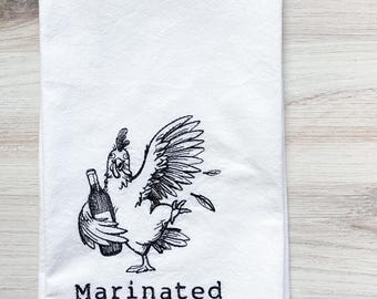 Embroidered Flour Sack Kitchen Towel: Humorous "Marinated Chicken" Design