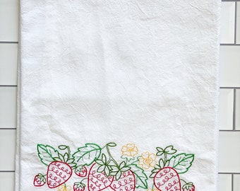 Embroidered Kitchen Towel - Vintage Inspired Strawberry Towels - Dish Towels - Kitchen Towels - Retro Embroidered Towel