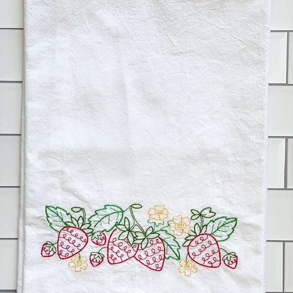 Embroidered Kitchen Towel - Vintage Inspired Strawberry Towels - Dish Towels - Kitchen Towels - Retro Embroidered Towel