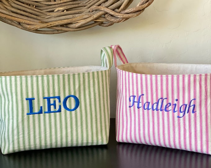 Personalized Storage Basket Embroidered Ticking Fabric Etsy