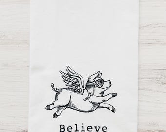 Handmade Embroidered Flour Sack Towel – Flying Pig Design