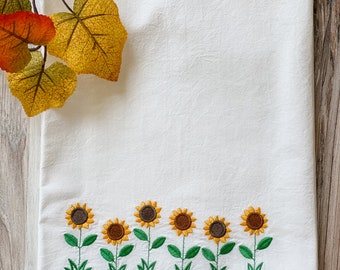 Embroidered Kitchen Towel - Sunflower Border - Dish Towels - Tea Towel - Flour Sack Towels - Floral Towel