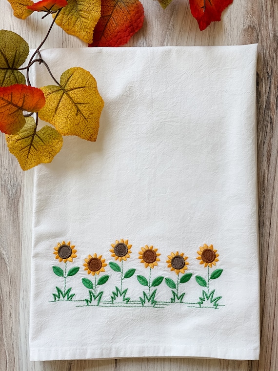 Embroidered Kitchen Towel Sunflower Border Dish Towels Etsy