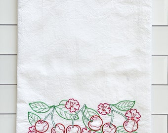 Embroidered Kitchen Towel - Vintage Pattern Cherry Towel - Dish Towel - Kitchen Towel - Tea Towel - Flour Sack Towel