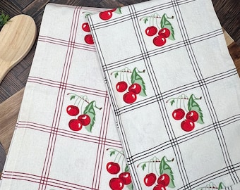 Cotton Tea Towel - Cherry Vintage Inspired Kitchen Towel - Red or Navy Striped