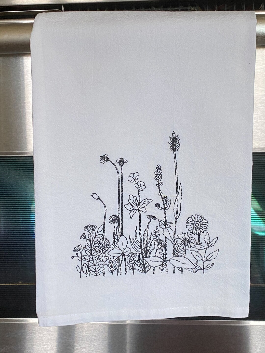 Embroidered Kitchen Towel Wildflower Border Kitchen Towel Dish Towel