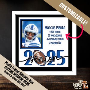 Fichiers svg football senior, cadre photo de remise des diplômes, cadeau 2025 pour diplômé, cadre universitaire personnalisé, fichier découpé pour shadowbox, promotion 2025