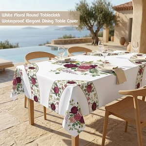Floral Rectangle White Tablecloth | Waterproof Textured Table Linens | Botanical Print Dining Table Cover