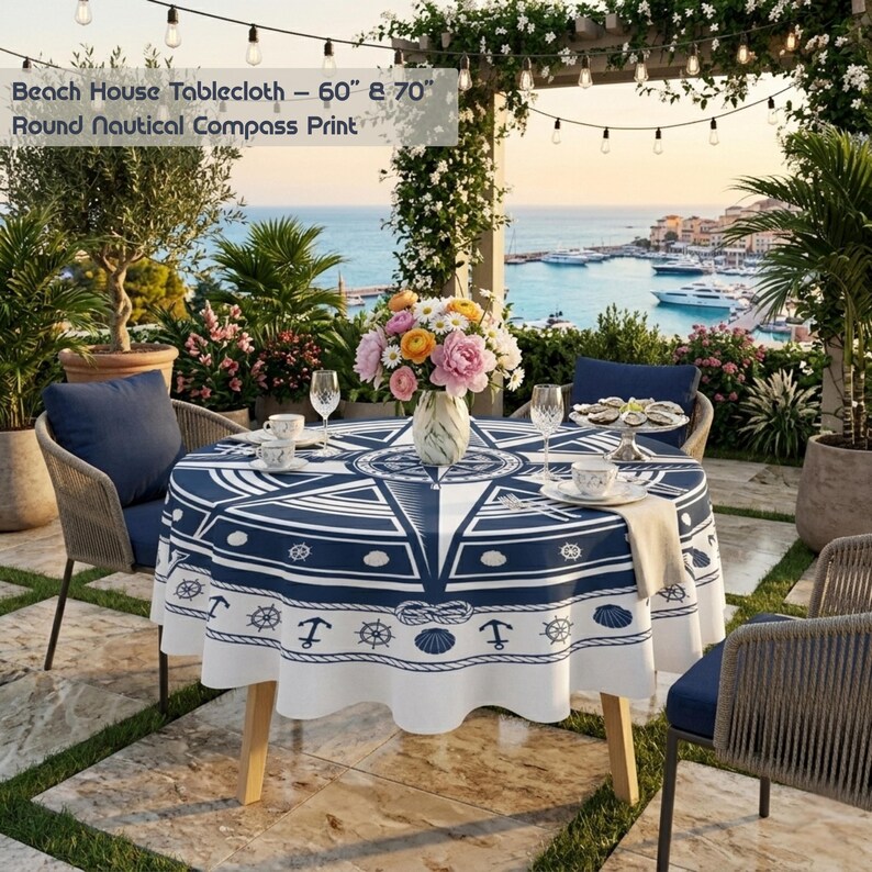 Coastal Round Tablecloth | Waterproof Navy / White Compass Print ...