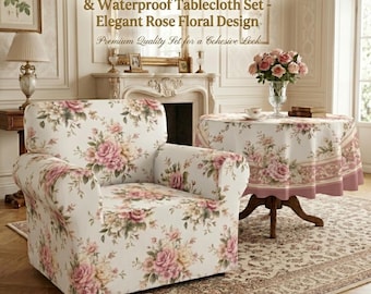 Floral Matching Armchair Slipcover and Waterproof Tablecloth Set | Elegant Pink Rose Coquette Decor