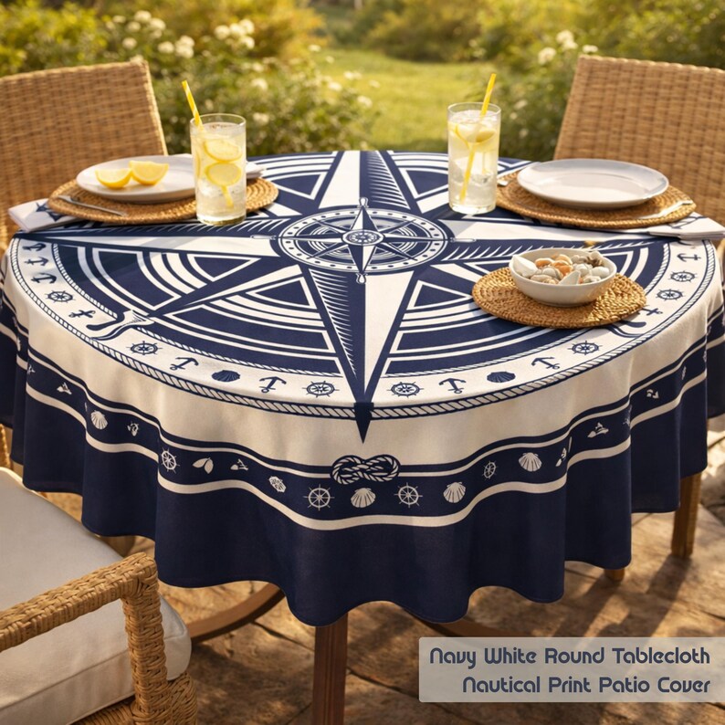 Coastal Round Tablecloth | Waterproof Navy / White Compass Print ...