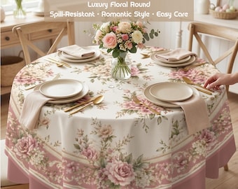 Waterproof Floral Round Tablecloth, Pink Roses, Coquette Decor, Farmhouse Patio Cover (60 70 Inch)