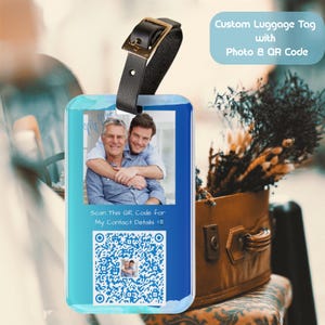 Aangepast bagagelabel met foto en QR-code | Gepersonaliseerde reis-ID-tag voor vader, eigenaren van gezelschapsdieren, stellen, reizigers | Uniek cadeau voor Vaderdag
