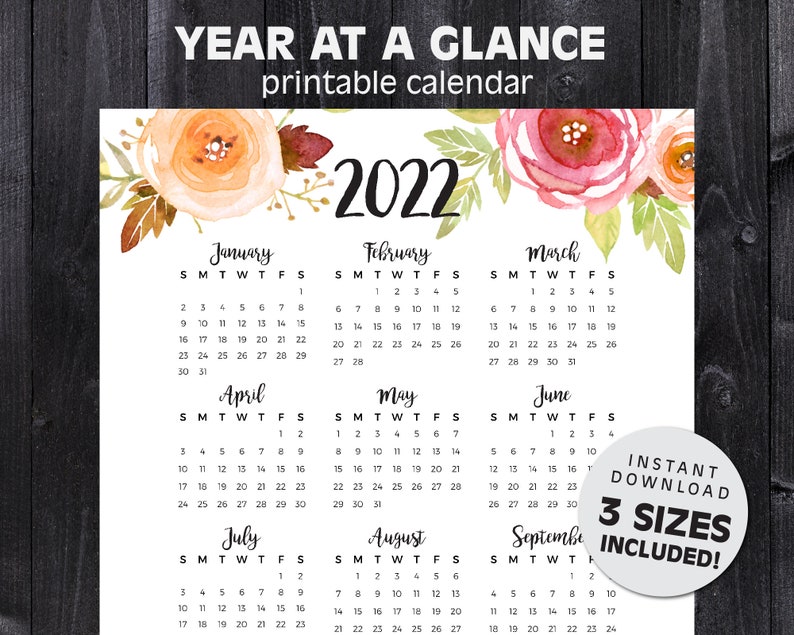 2022 Year at A Glance Calendar Printable Calendar Letter - Etsy