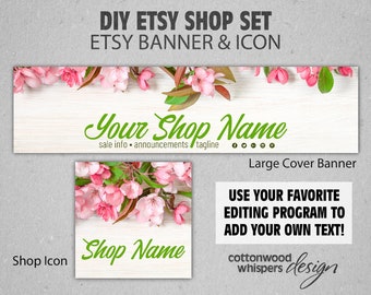 Pink Spring Floral Etsy Shop Branding Banner Store Graphics, Blossoms Listing Template, Custom Cover Icon Set, Feminine, Sweet