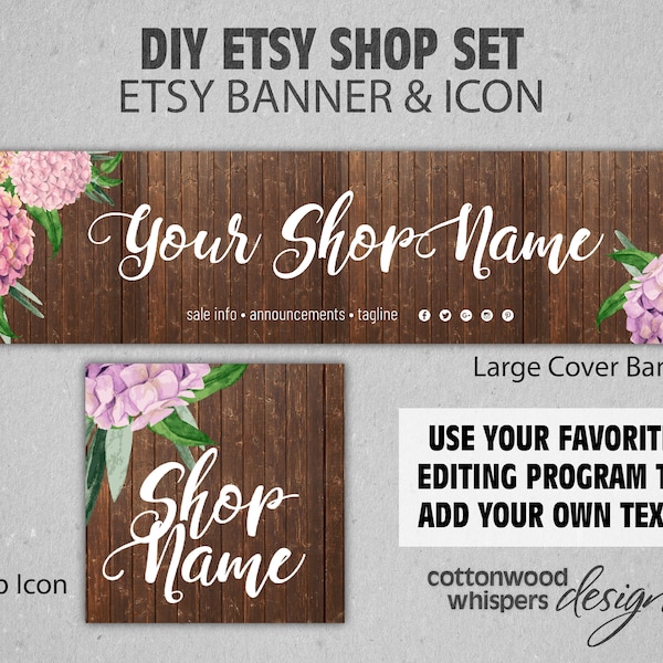 Rustic Pink Purple Floral Branding Etsy Shop, Banner Store Graphics Kit, Etsy Store Template, Pink Purple Hydrangea Wood Flower, DIY Set