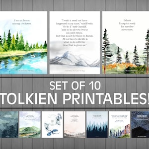 Tolkien Art Prints, Set of 10 Tolkien Printables, Lord of the Rings Art, Man Cave Decor, The Hobbit, Gandalf image 1