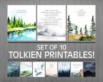 Tolkien Art Prints,  Set of 10 Tolkien Printables, Lord of the Rings Art, Man Cave Decor, The Hobbit, Gandalf