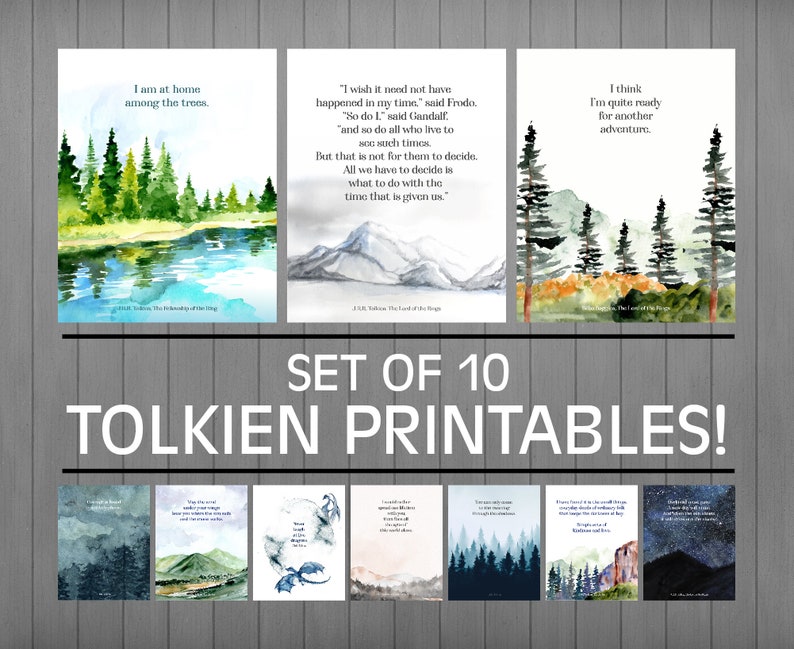 Tolkien Art Prints, Set of 10 Tolkien Printables, Lord of the Rings Art, Man Cave Decor, The Hobbit, Gandalf image 1