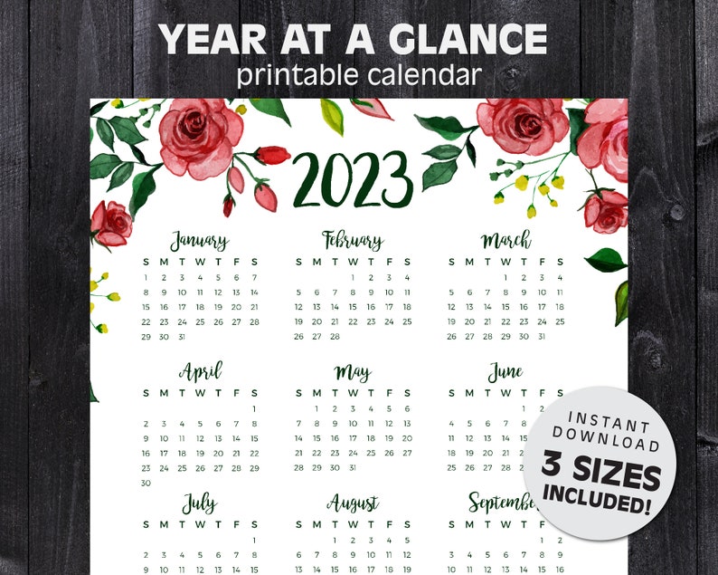 2023 Year at A Glance Rose Calendar Printable Calendar - Etsy Hong Kong