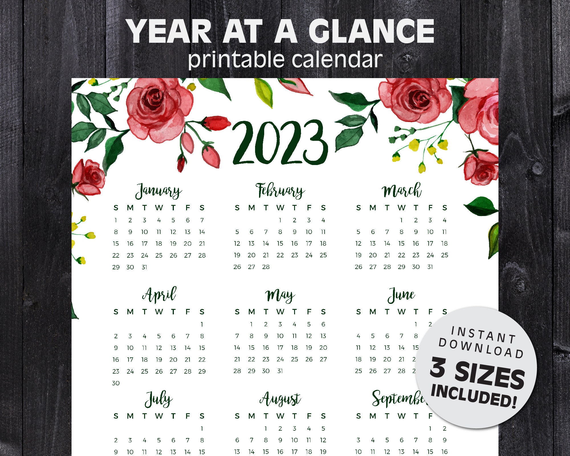 2023-year-at-a-glance-rose-calendar-printable-calendar-etsy-hong-kong