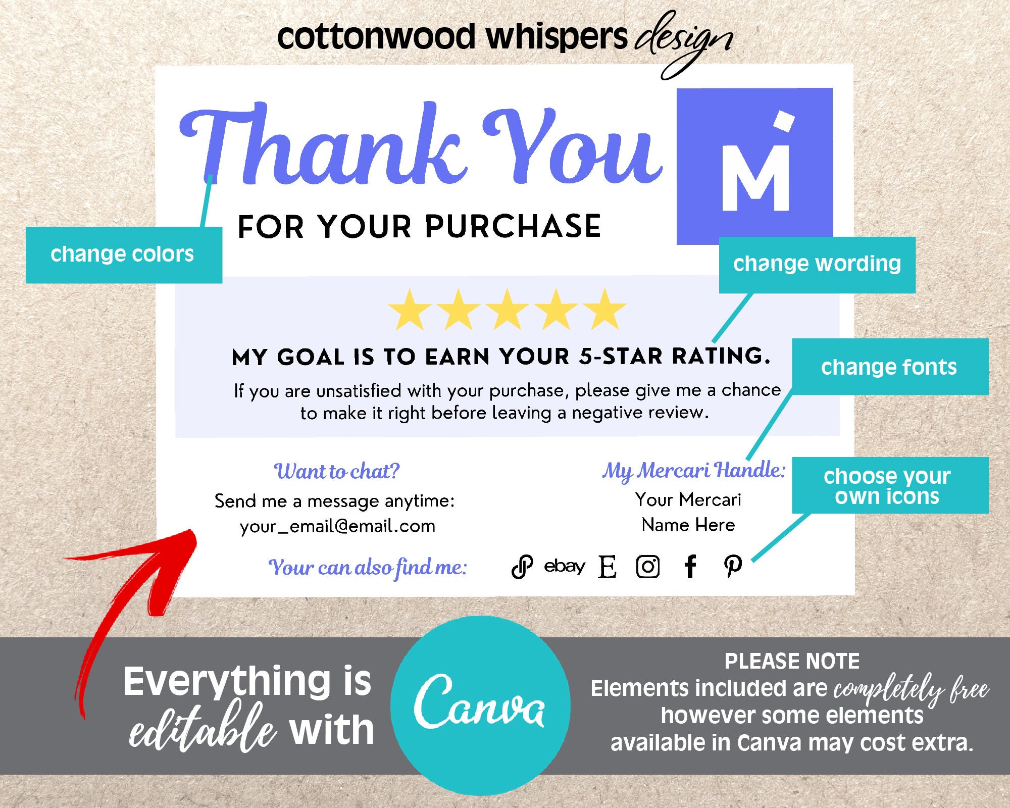 Customer Appreciation Thank You Card for Business, Editable Canva Template,  Insert for Online Shops, Reseller Thank You, , Mercari,  