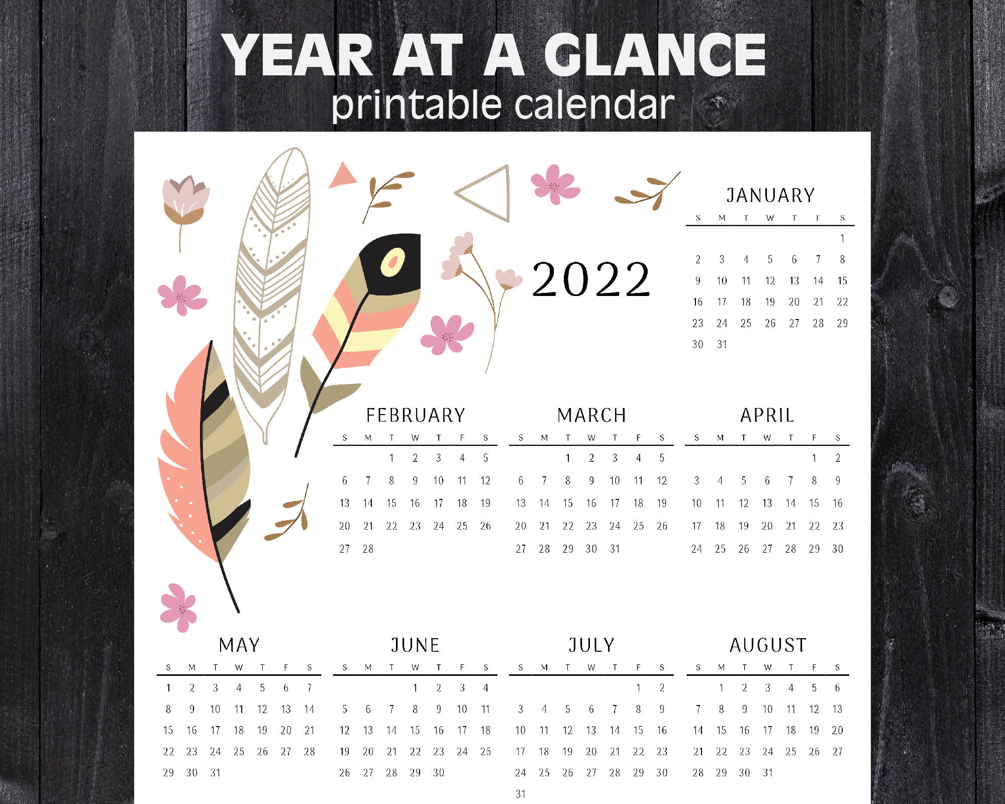 2022 printable calendar year at a glance calendar letter etsy new zealand