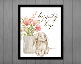 Hippity Hop Rabbit Printable Sign, Watercolor Wall Art, Easter Bunny with Flower Bouquet Poster