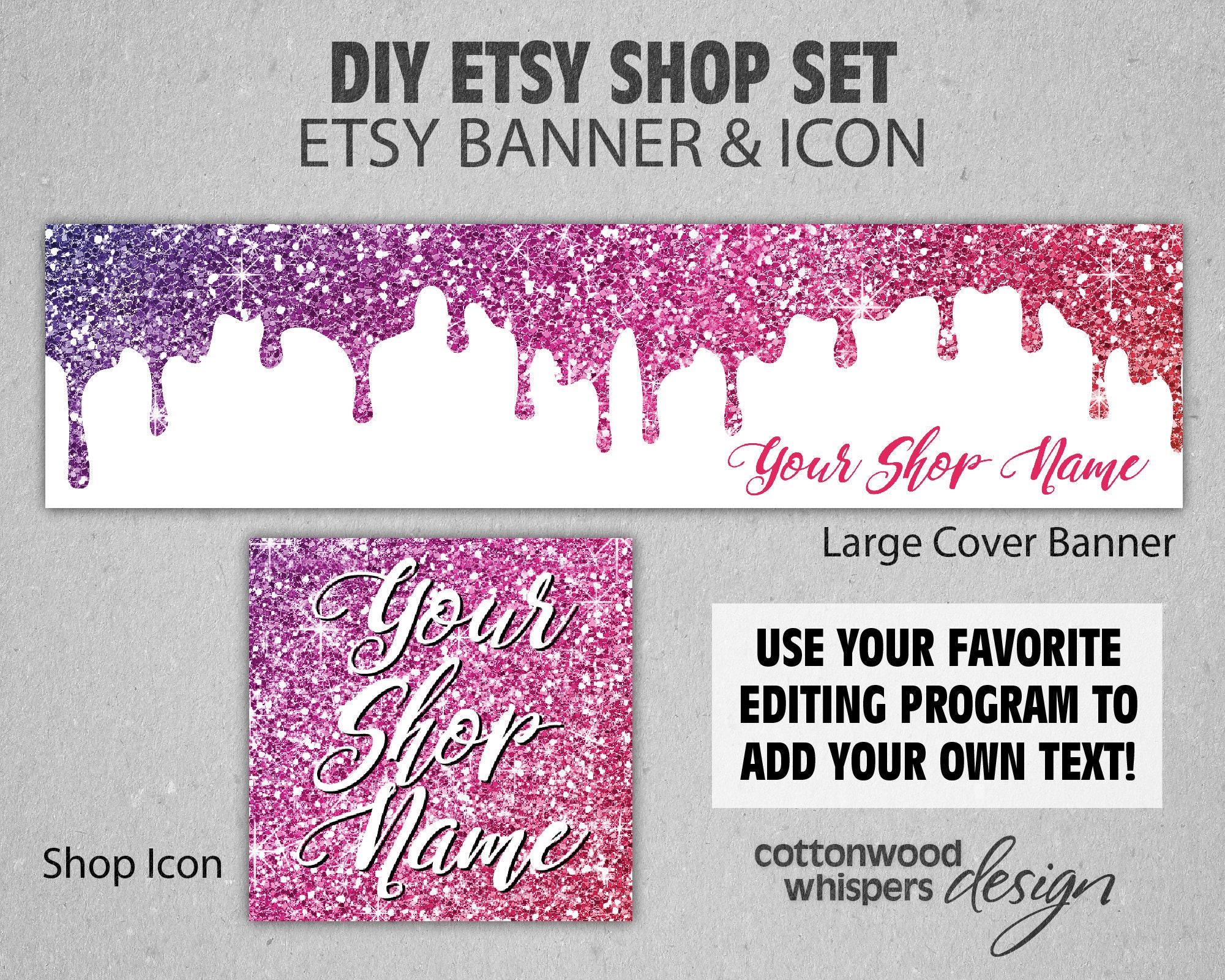 Etsy Shop Banner with Pink Glitter Sparkles Etsy Cover Image Etsy
