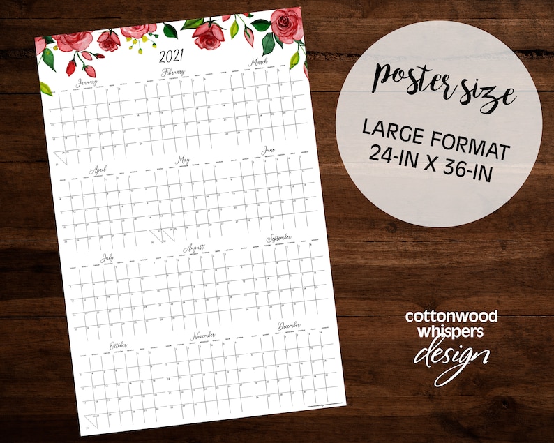 2021 Wall Calendar Printable Poster Large Format 24x36 Size Etsy