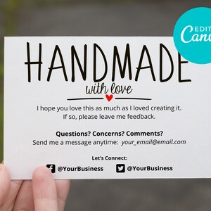Handgemaakt met liefde Zakelijke bedankkaarten, bewerkbare Canva-sjabloon, inzetstukken voor online winkels, reseller, dank u, Ebay, Mercari, Etsy