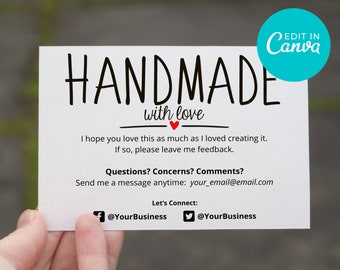 Handmade with Love Business Thank You Cards, Editable Canva Template, Inserts for Online Shops, Reseller, Thank You, Ebay, Mercari, Etsy