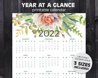 2022 year at a glance calendar printable calendar letter etsy