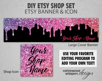 Etsy Shop Banner with Pink Glitter Sparkles, Cover Image, Shop Icon, Etsy Banner, Etsy Shop Banner, Girly Etsy Shop Banner