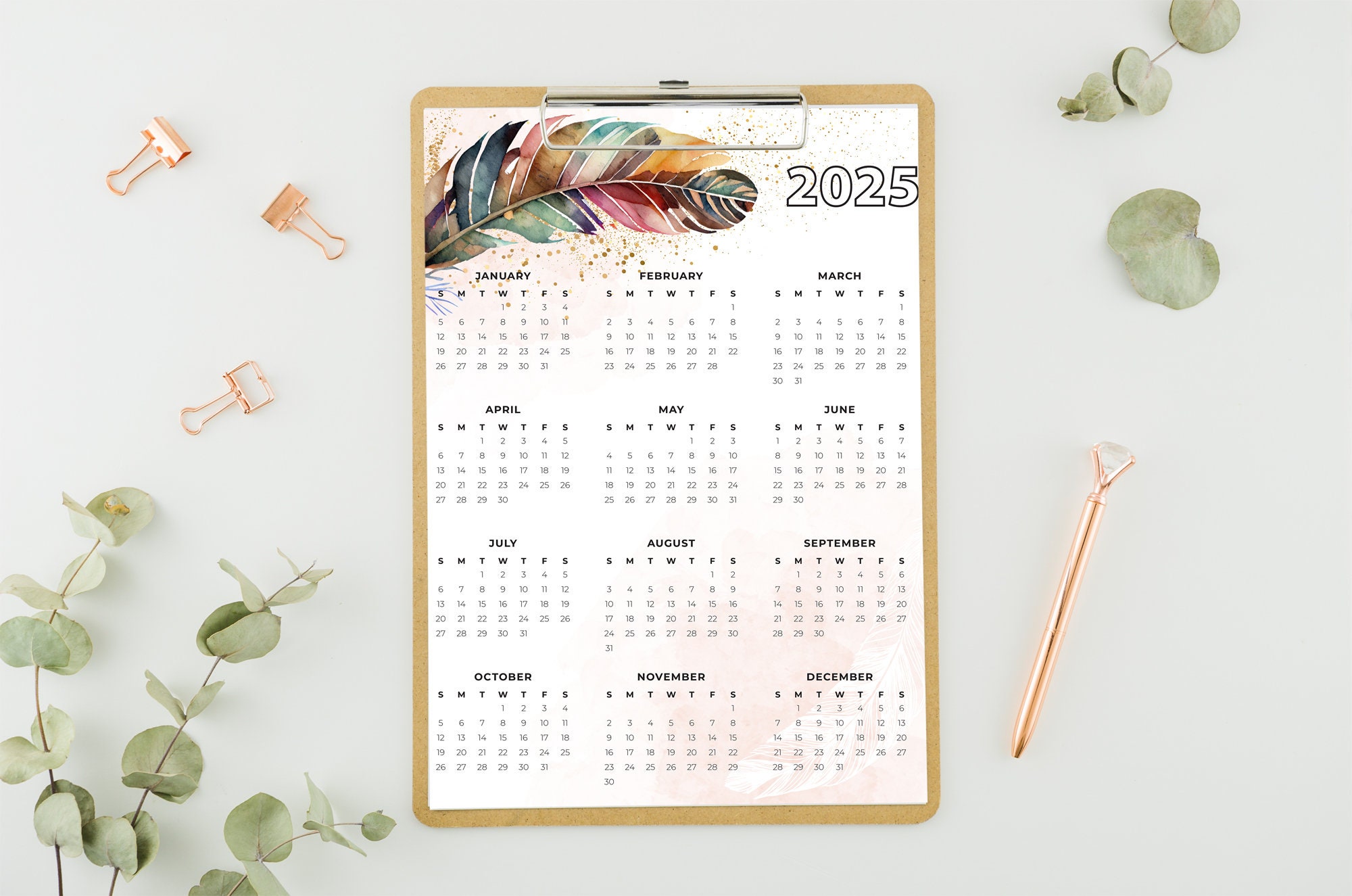 2025-printable-calendar-year-at-a-glance-boho-feather-watercolor-16-x-20-8-x-10-instant-download-portrait-planner-etsy