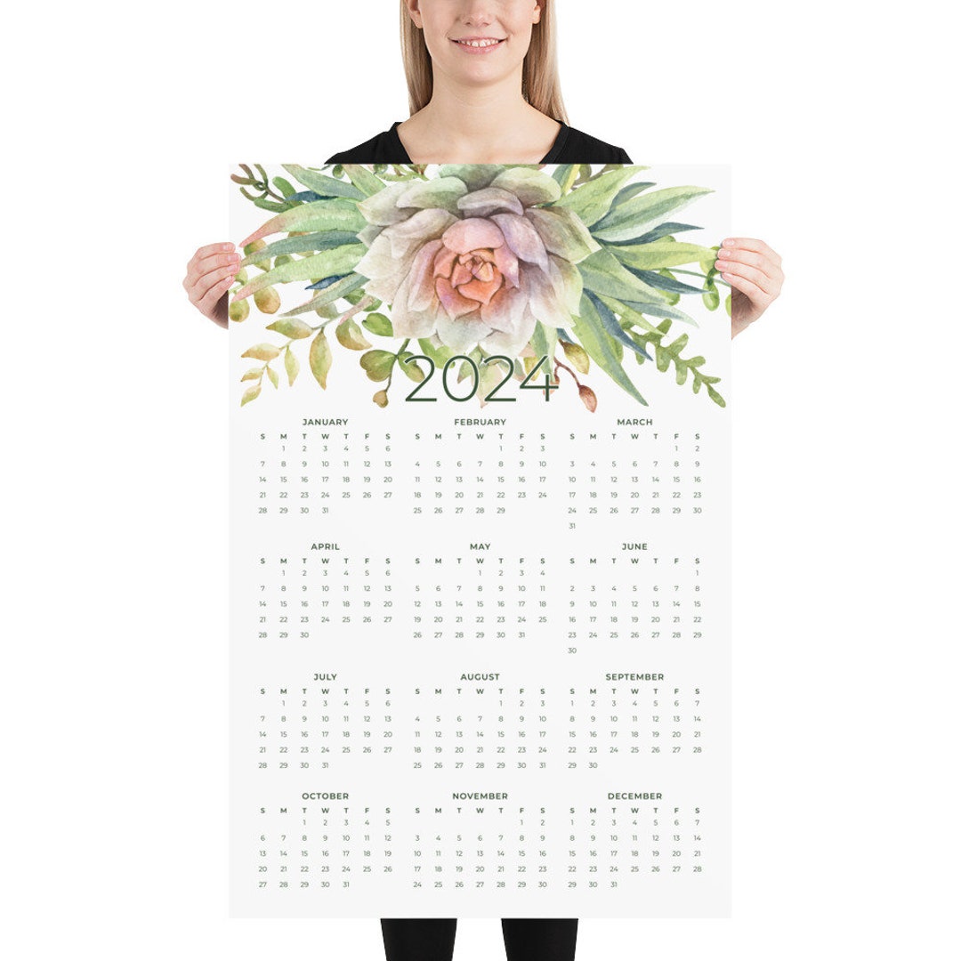 2024 Printed Large Wall Calendar 24x36 or 12x18 Year at a Glance With Watercolor Succulents Etsy