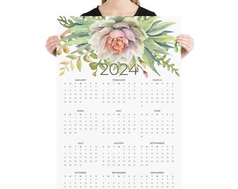 2024 Printed Large Wall Calendar 24x36 or 12x18 Year at a Glance with Watercolor Succulents