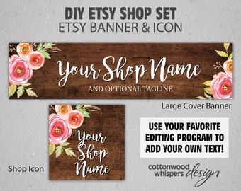 DIY Etsy Shop Set - Wood & Roses - Cover Image, Shop Icon, Etsy Banner, INSTANT DOWNLOAD, Shop Banner, Cabbage Roses, Farmhouse Style