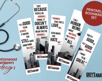 Greys Anatomy Printable Bookmarks - Set of 5 - Instant Download - Meredith Quotes, Graduation Gift, Birthday Gift