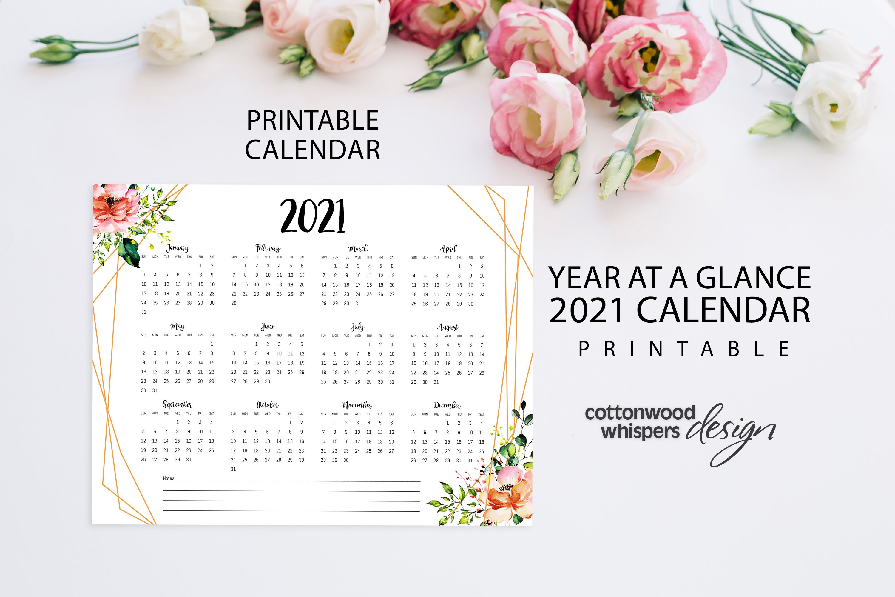 Printable 2021 Yearly Calendar At A Glance with Roses Etsy