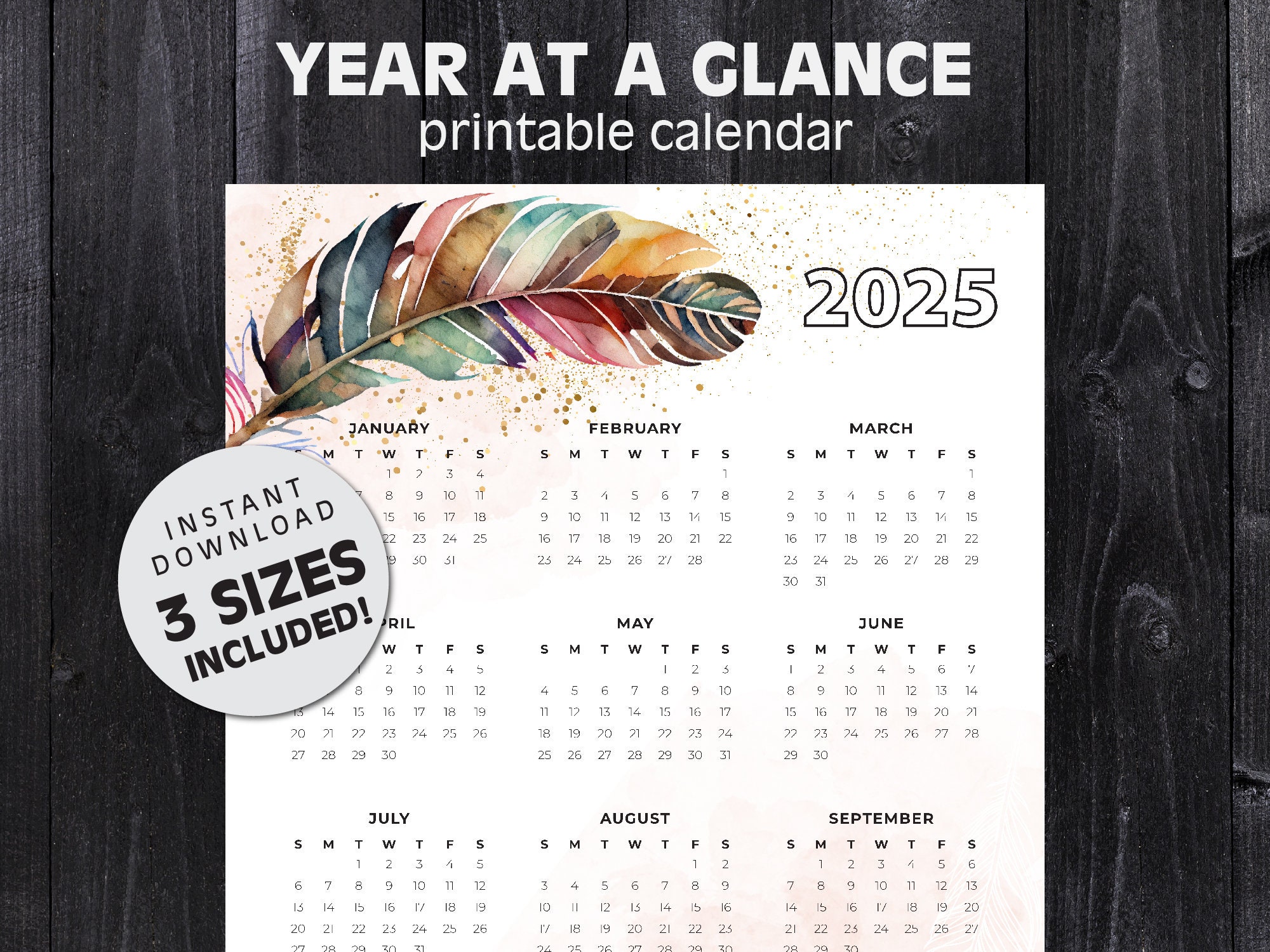2025-printable-calendar-year-at-a-glance-boho-feather-watercolor-16-x-20-8-x-10-instant-download-portrait-planner-etsy