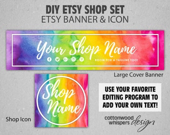 Rainbow Ombre Branding Etsy Shop, Colorful Banner Store Graphics Kit, Cover Image Icon, Watercolor Ink, Listing Template, Custom DIY Set
