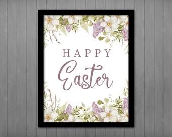 Happy Easter Floral Art Printable Wall Art Watercolor Style Purple Floral Decor Easter Sign, Spring Home Decoration Easter Flower Printable