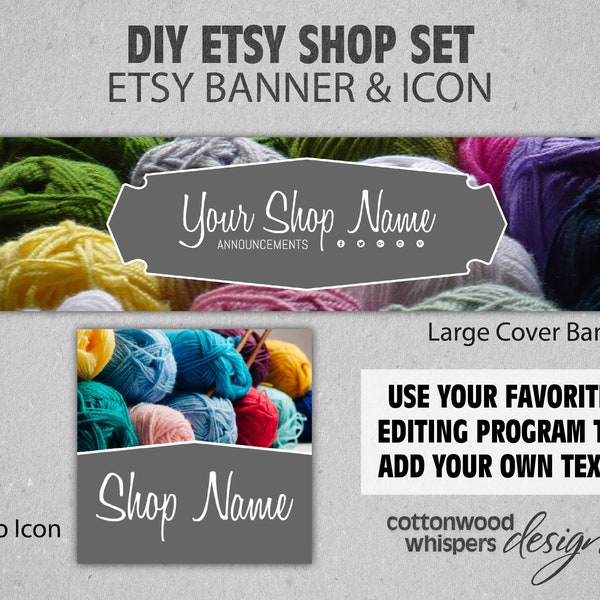 Custom Etsy Shop Banner Set, Store Branding Kit Graphics, Yarn, Knitting, Crochet, Needlework, Big and Mini Banners