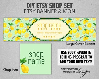 Fresh Lemon Etsy Shop Banner Set, Yellow Sunshine Etsy Banner, Spring Etsy Cover Photo, Bright Etsy Banner with Lemons, French Country Style