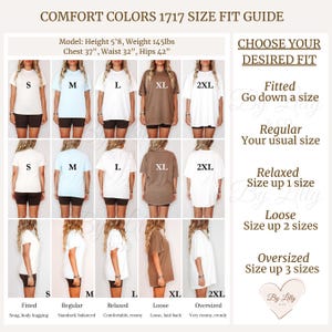 May include: Size fit guide for Comfort Colors 1717 t-shirts. The guide shows how the shirts fit in different sizes, from S to 2XL. The model is 5'8" tall, weighs 65.77 kg, with a 94 cm chest, 81 cm waist, and 107 cm hips. The guide explains how to choose the desired fit.