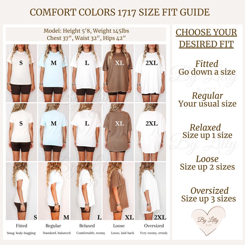 May include: Size fit guide for Comfort Colors 1717 t-shirts. The guide shows how the shirts fit in different sizes, from S to 2XL. The model is 5'8" tall, weighs 65.77 kg, with a 94 cm chest, 81 cm waist, and 107 cm hips. The guide explains how to choose the desired fit.